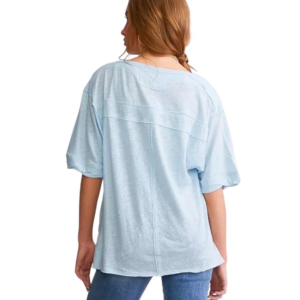 We The Free Maribel Henley Size S Light Blue Good Linen Blend Raw Hem Relaxed - Picture 2 of 8